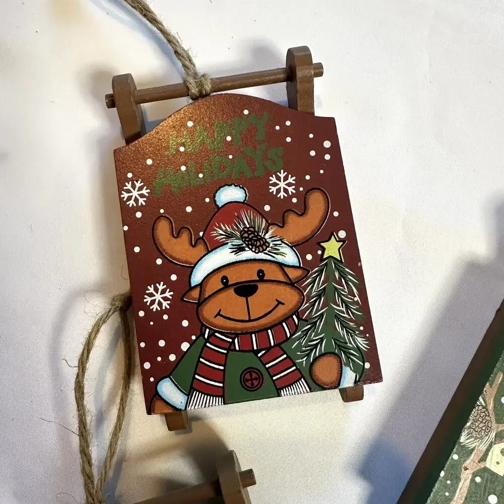 Primitive Farmhouse Christmas Bundle Of 4 Wooden Sled Tree Ornaments